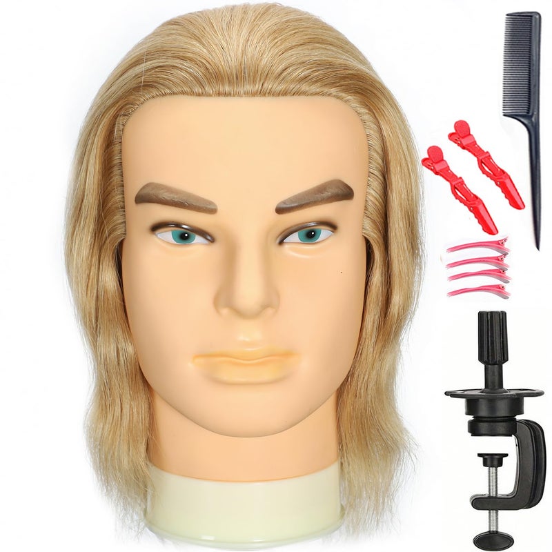 simnient Professional Male Mannequin Head, 14 Inch Blonde 100% Human Hair for Barber Hairdresser Practice Cutting & Styling, Cosmetology Training Head with Natural Straight Hair - Image 1